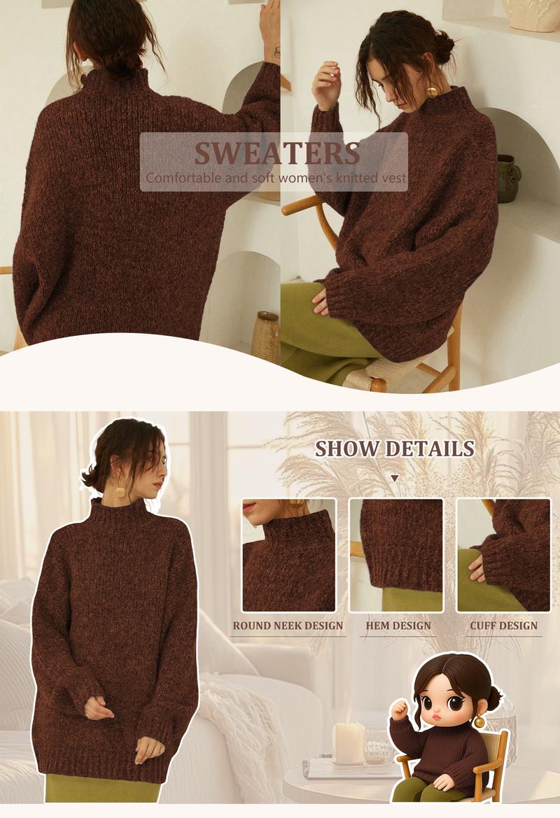 Autumn Winter Women's Sweater, Casual High Neck Knitwear, Simple Style Pullover, Long Sleeve Drop Shoulder Design, Cozy Fashionable