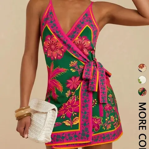 Women's Tropical Floral Deep V Wrap Mini Dress, Adjustable Spaghetti Straps & Side Tie, Breathable Fabric, Boho Beach Sundress Summer Vacation Casual Wear