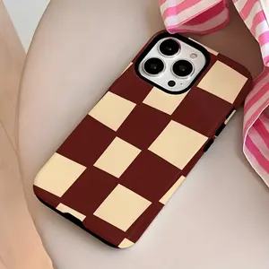 Phone case: Brown and Beige Wavy Plaid Pattern Chic Cool Unique Two-In-One Film Case - Tough, Dual Layered Case for Superior Protection, Durable, Drop-proof - for iPhone 16, 15, 14, 13, 12, 11, Plus, Pro, Max,
