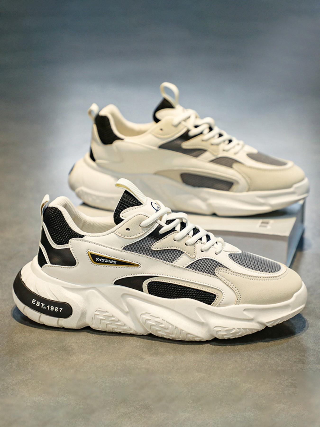 Men's Letter& Number Patched Design Lace Up Running Shoes, Casual Breathable Comfortable Sports Shoes, Male All-match Round Toe Chunky Sneakers for Daily Life, Athletic Running Shoes