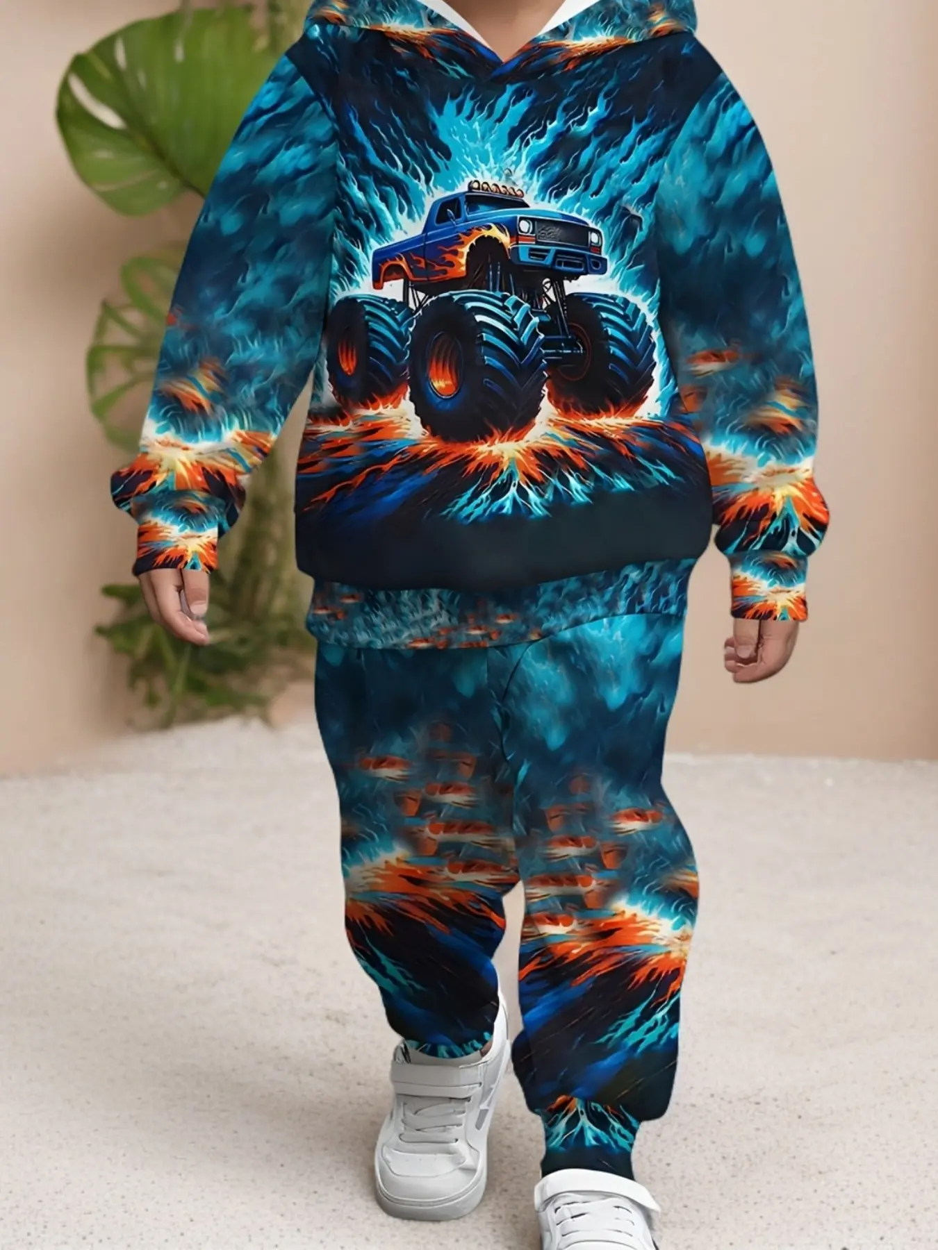 Boys' Hooded Sweatshirt and Pants Set, Cool Flame Car Print, Fall & Winter Two-Piece, Casual Loose-Fit Sportswear