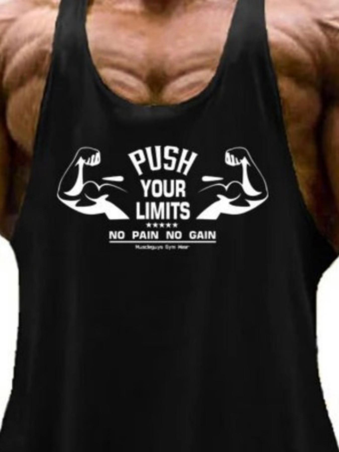 Men's Gym Push Your Limits Graphic Tank Top, Sporty Loose-Fitting Sleeveless Workout Shirt, All-Season Muscle Arm Design