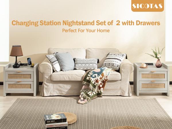 SICOTAS Night Stand Set of 2 - Rattan Nightstands with Type-C Charging Station &  Rattan Drawer - 15.4" x 23.6" x 22.1" Boho Bed Side End Table for Small Apartment Living Room Bedroom, Sturdy and Durable
