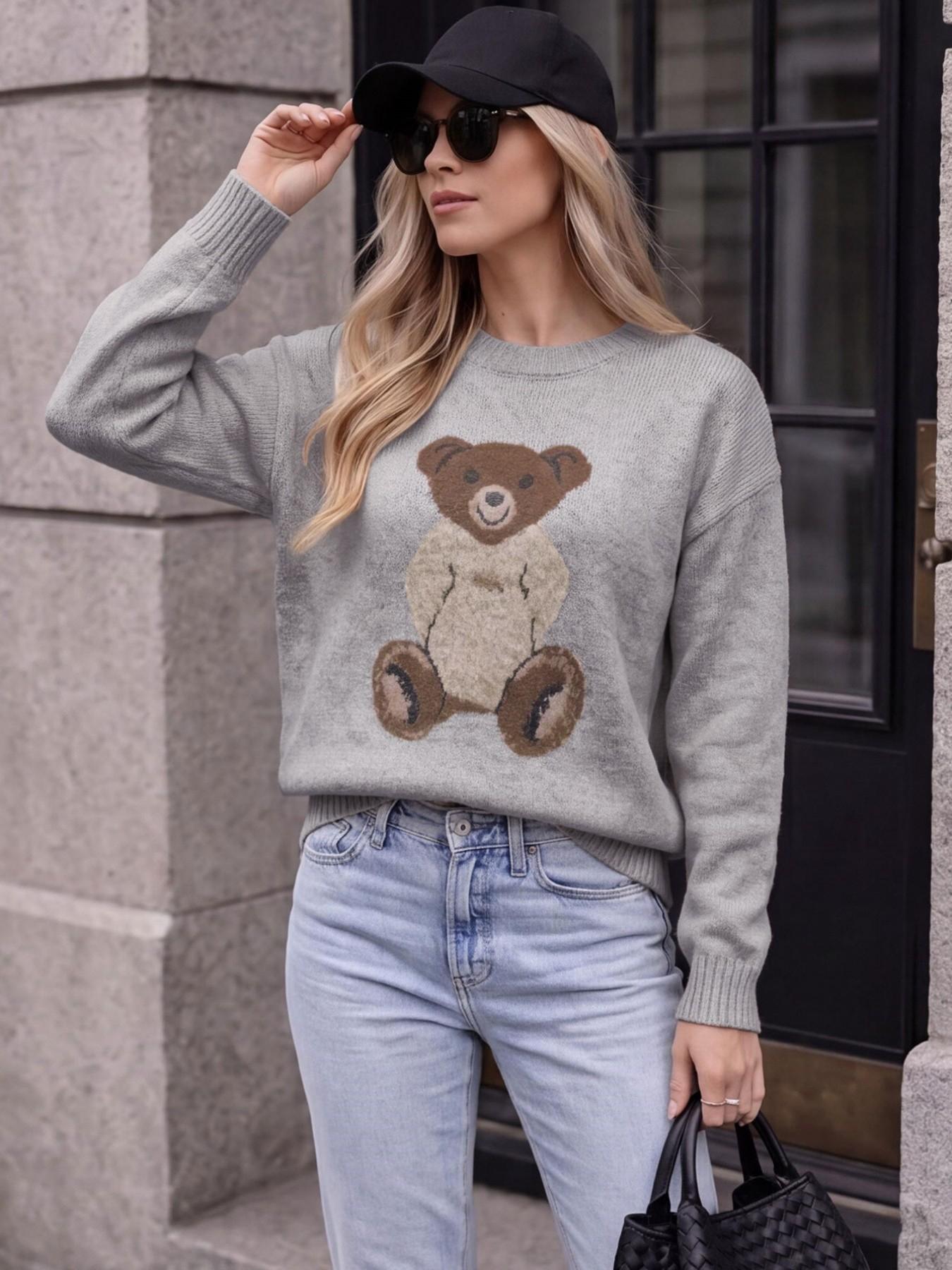 Women's Round Neck Solid Color Bear Print Long Sleeve Simple Loose Lazy Casual Fashion Everyday Cozy Knitwear Knit Pullover Top – Fall/Winter Commute Essential Versatile Pullover Sweater Knitwear