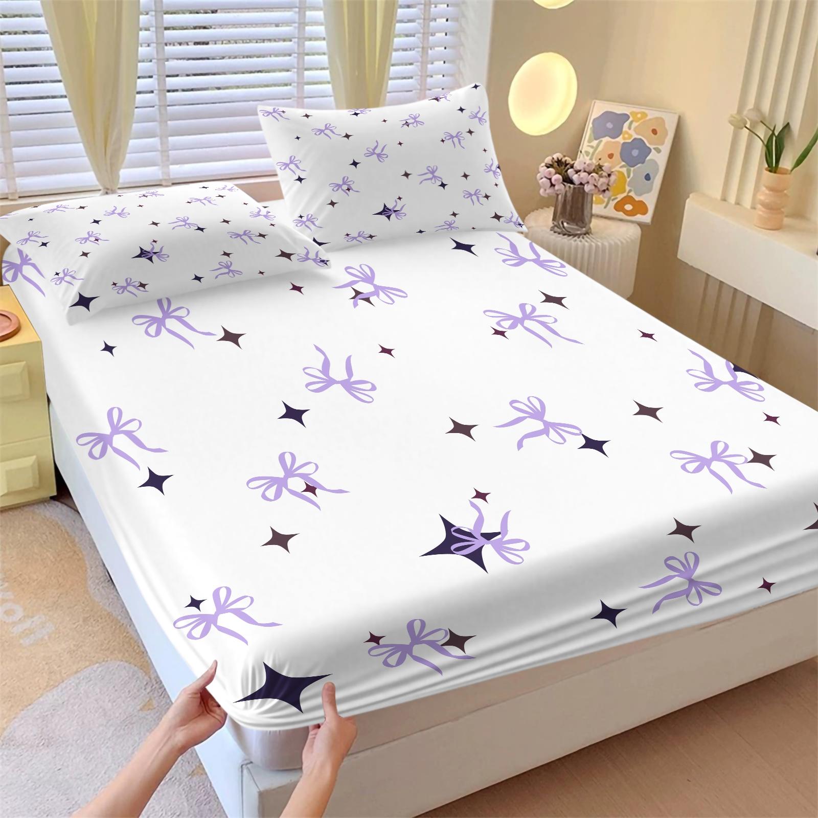 Purple bow and star pattern printed fitted sheet and pillowcase set, Bedsheet Sets, dreamy starry sky bedroom bedding, a great gift.