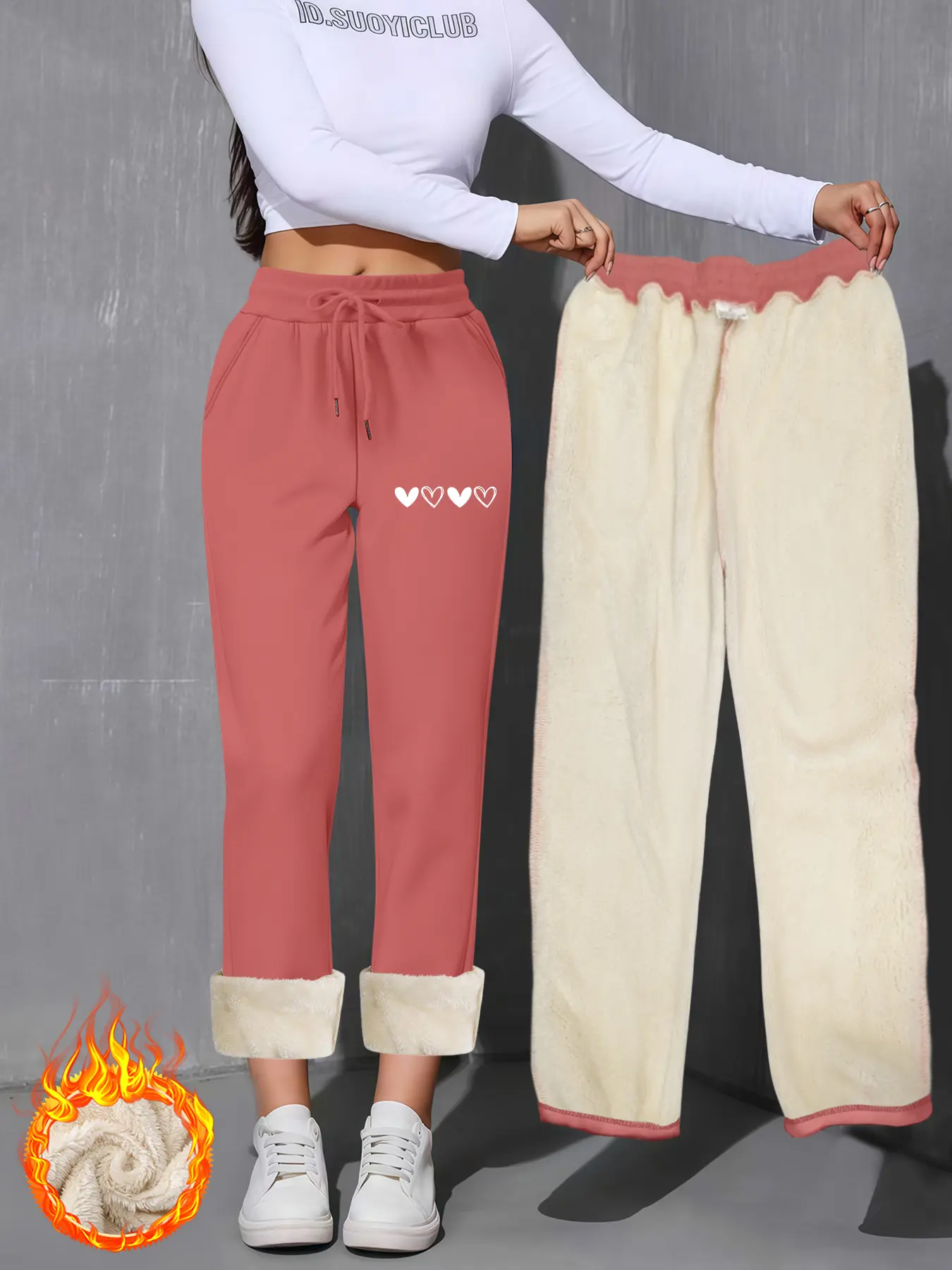 Women's winter fleece-lined straight-leg sweatpants with small heart pattern, thickened warm wide-leg casual pants, high-waisted drawstring loose sports
