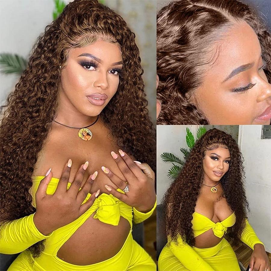 [New In] Bling Hair 13x6 13x4 Chocolate Brown HD Lace Front Wig Human Hair Wigs for Black Women 180% Denisty Deep Wave Lace Frontal Wigs Curly 4# Pre Plucked with Baby Hair Colored Wig TikTokShopHolidayHaul