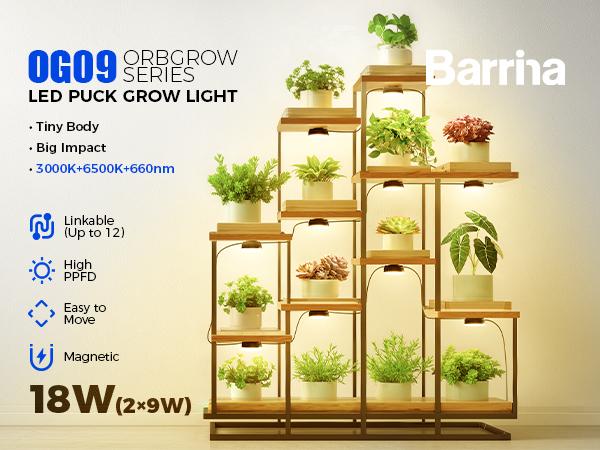 Barrina Orbgrow OG09 Puck LED Grow Light with 660nm Red LEDs, 18W(2 x 9W, 270 Watt Equiv), Plant Lights for Indoor Plants Full Spectrum, Magnetic & Linkable, Small Grow lamp, Seeding, 2 Packs, Black