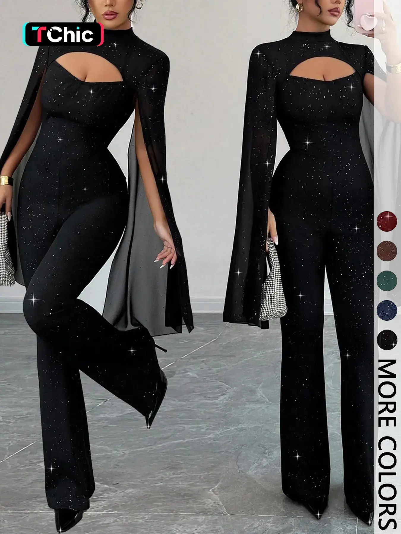 【Black Friday】Women's Fitted Mock Neck Cape Sleeve Jumpsuit, Perfect for Dates & Parties, Elegant Solid Color Jumpsuit for Fall & Winter