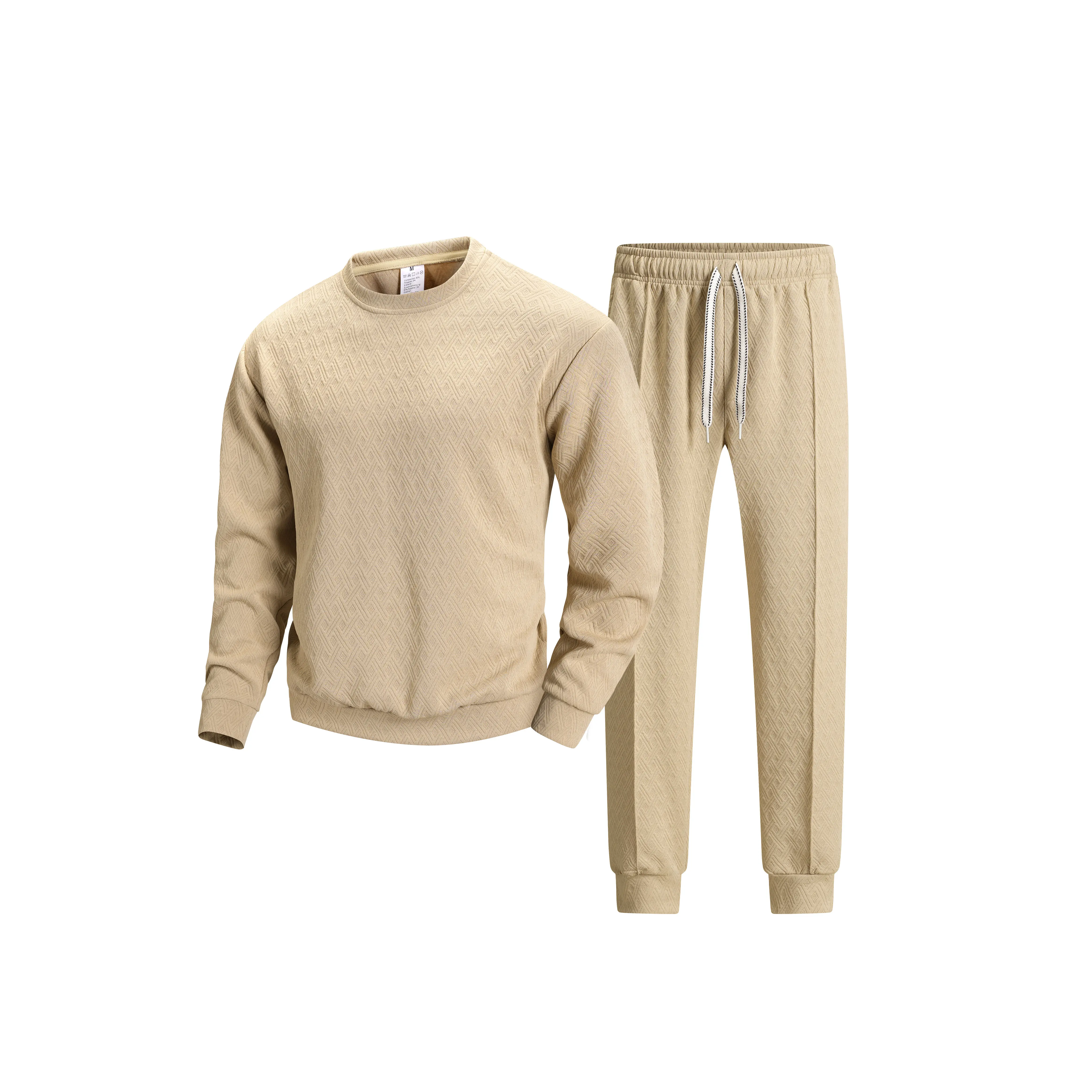 Men's crew neck tracksuit set diamond jacquard sweatshirt and jogger pants two piece matching outfit striped drawstring waist ribbed cuffs soft casual daily street suit multiple color options for sports travel