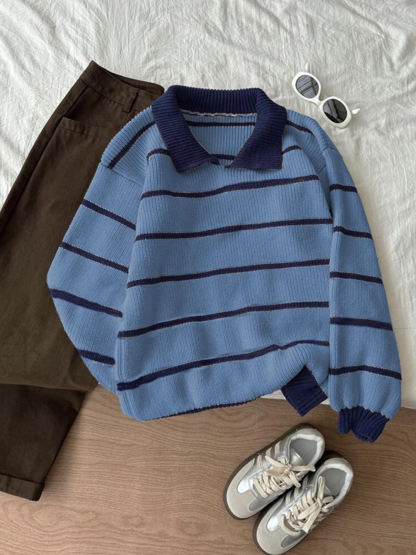 Autumn Winter Striped Polo Neck Long Sleeve Pullover Sweater, Fashionable Lazy Casual Loose Fit Knitwear, Versatile Style, Womenswear