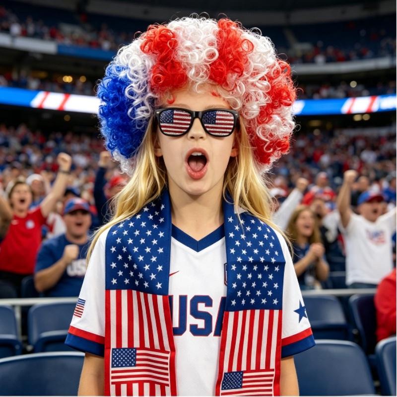 3pc USA Football Fan Cheer Set - Afro Wig, Scarf & Glasses | 2026 Match Day Costume for Soccer Fans