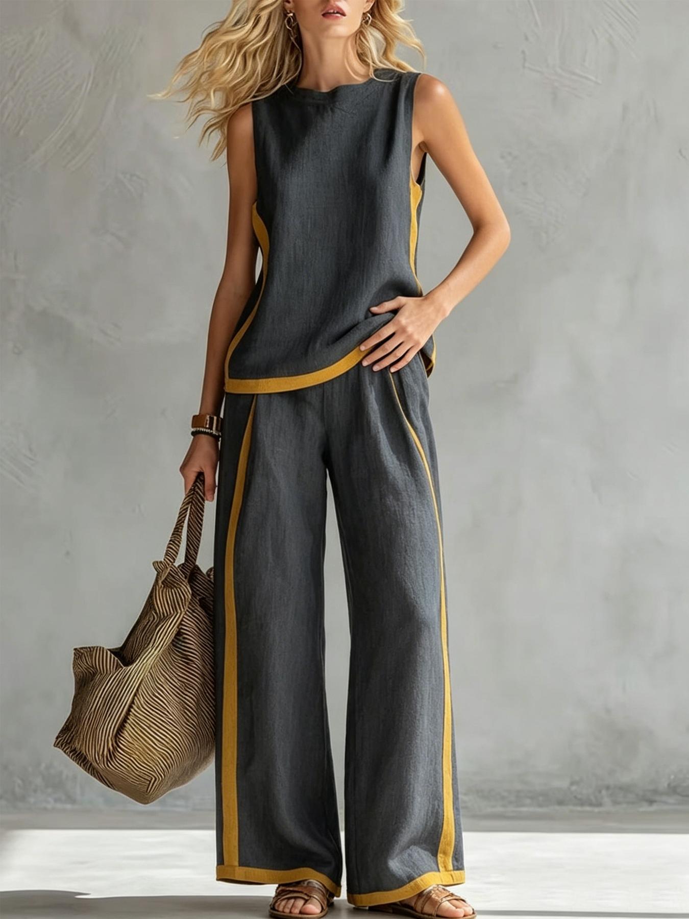 Women's Casual Loose color blocked sleeveless wide leg two-piece set, Colorblock casual set, with breathable surface suitable for commuting, daily wear. Multiple colors available