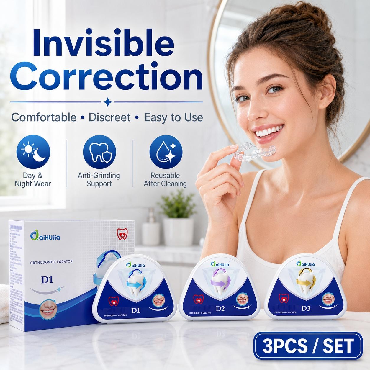 3pcs Adult Teeth Aligner Set with 3-Stage System, Clear U-Shaped Dental Tray, Elastic Fit Technology, Overbite and Underbite Correction, Night Grinding Mouth Guard, Nightguards for grinding teeth