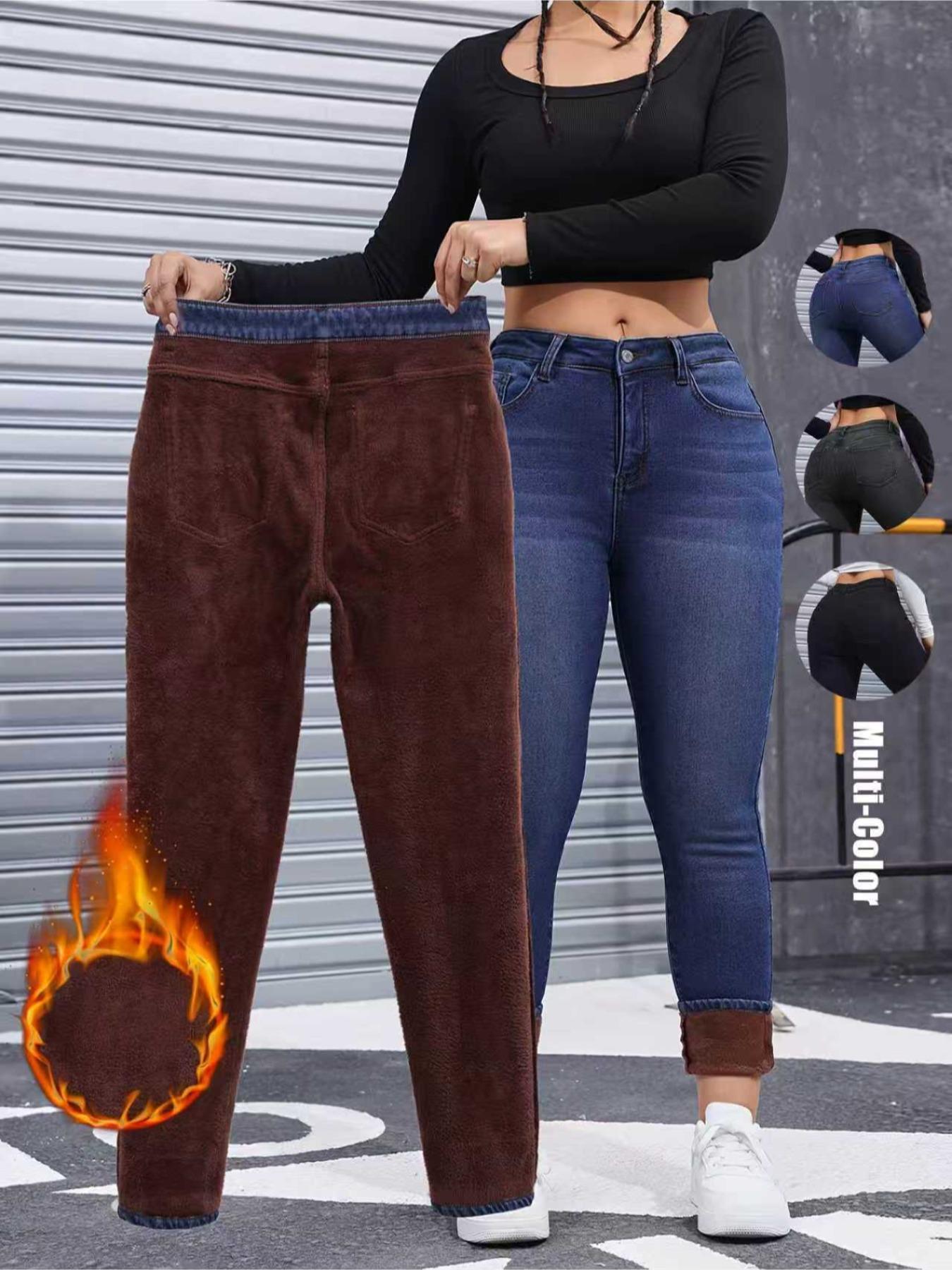 Women's Fleece-Lined Thermal High Waist Jeans, Slim Fit Denim for Fall & Winter