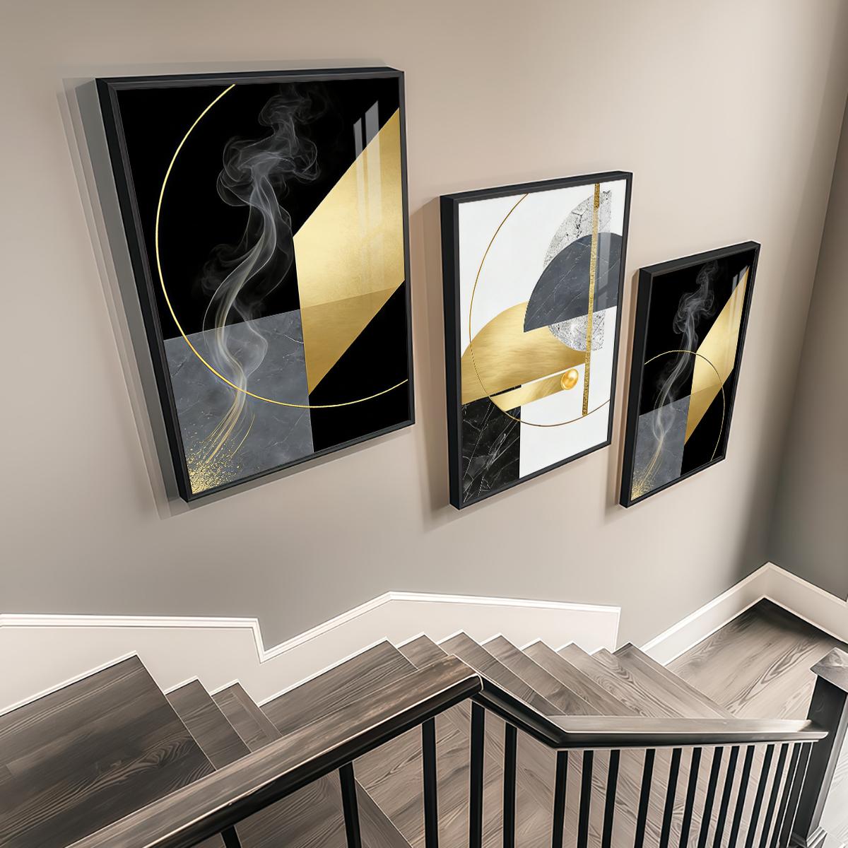 3 Counts Aluminum Alloy Framed Painting, Abstract Geometric Gold And Black Art Pictures, Home Decoration For Living Room, Bedroom, Office, Restaurant, Hallway Wall Decor, Odorless Print Artwork, Luxury Perfect Gift For Friends And Family