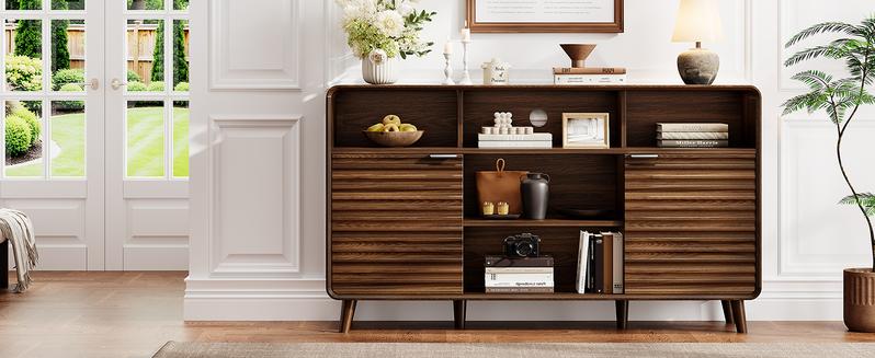 【Valentine's Day gift】ONBRILL 58 Inch Curved Sideboard Buffet Cabinet w/2 Wave Doors and Open Storage Spaces, Angled Side Frame, Sideboard Storage with Adjustable Shelves, Coffee Bar Cabinet for Dining Room, Living Room