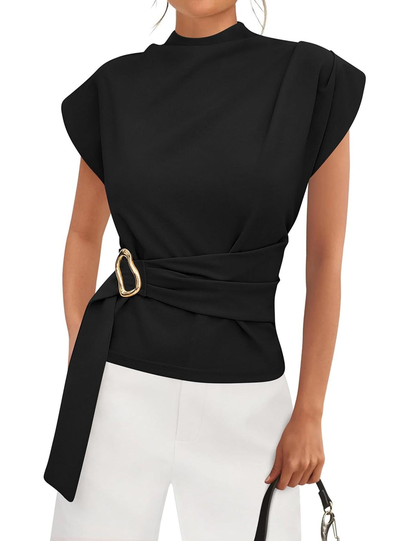 Women's Summer Casual Batwing Short Sleeve Blouse, Half High Neck Adjustable Button Up Top, Fitted Plain Business Office Shirt