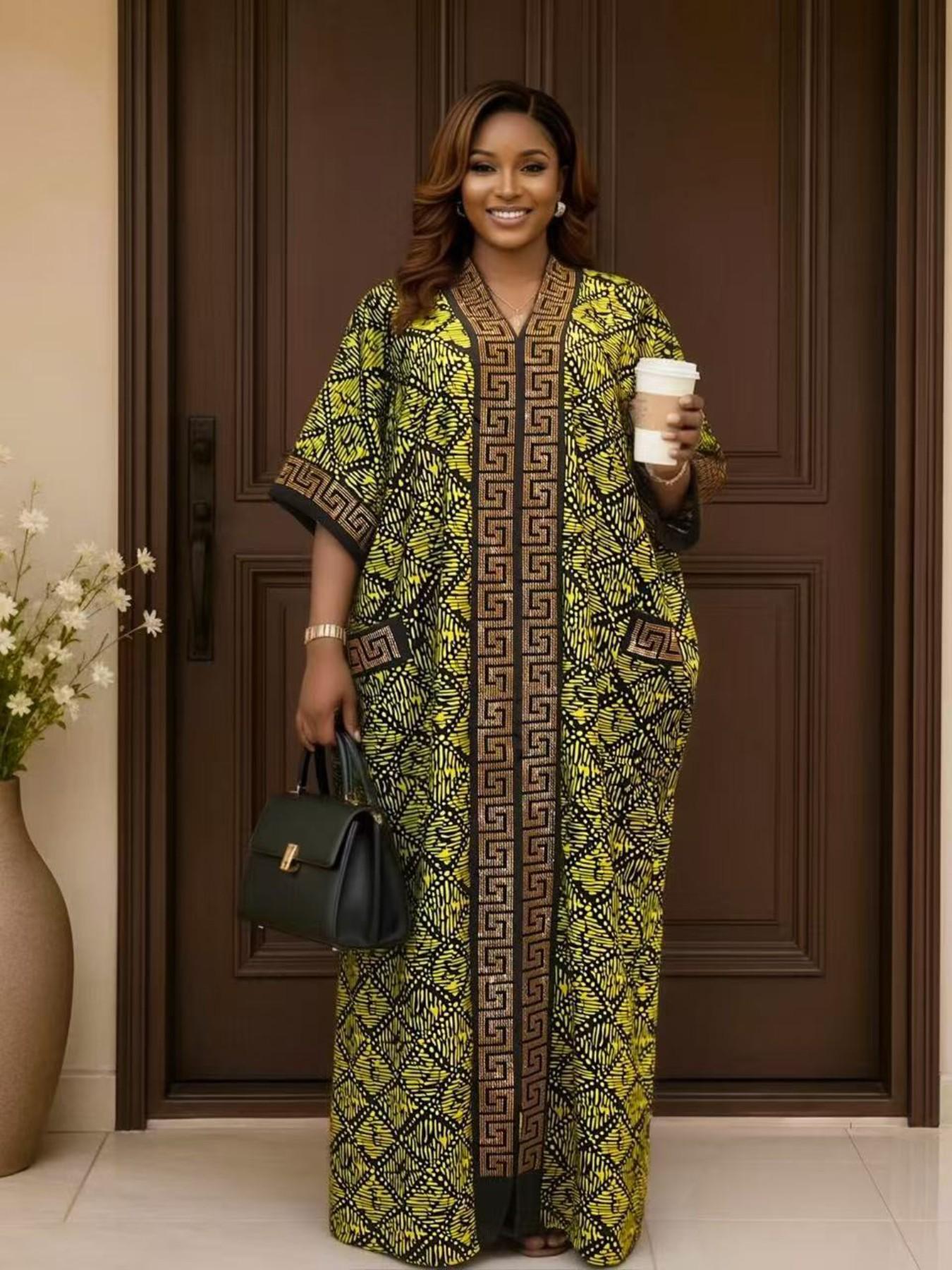 Hot selling plus size loose ethnic women's boubou kaftan high-end hot stamping printing V-neck short sleeved summer casual daily slimming retro party dress