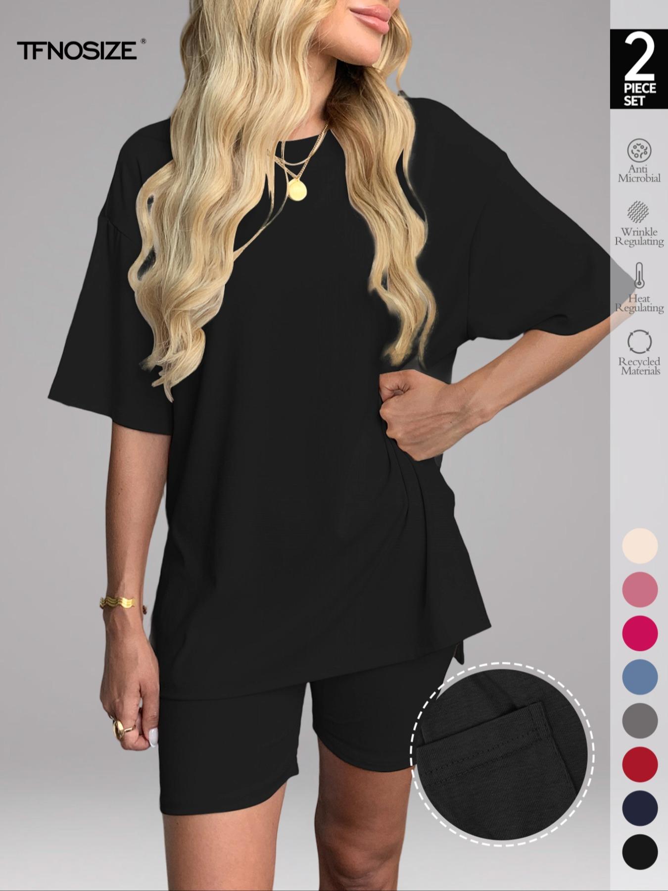 Women's Solid Color Tee & Skinny Shorts Loungewear Set, Fashion Casual Comfy Round Neck T-shirt & Shorts PJ Set, Ladies Sleepwear for Summer, Pajama, Soft Lounge Sets, comfyessentials, giftideas,summersale,pjs,nightwear,sleepwearfashion