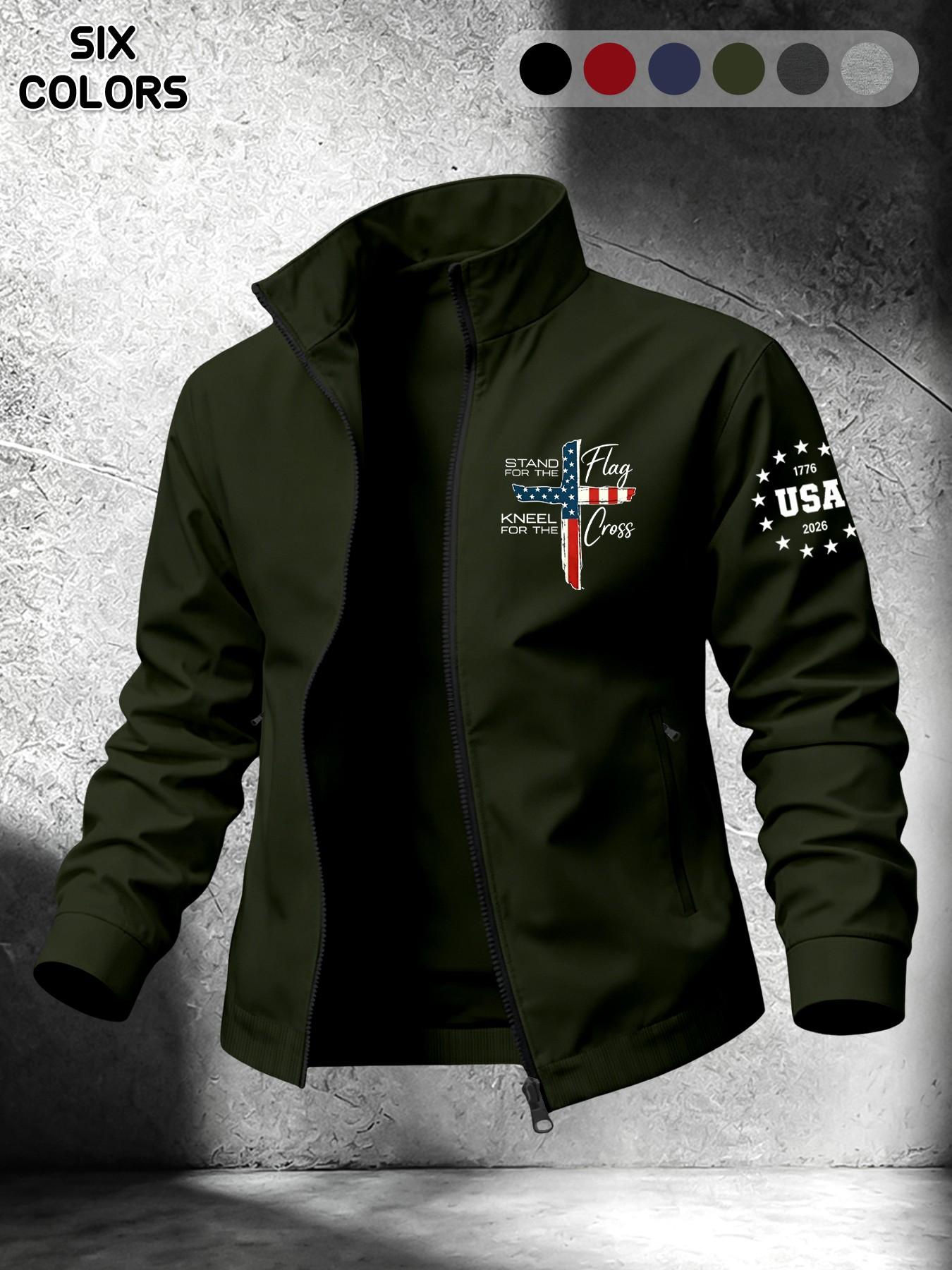 Men's Spring Summer Lightweight Stand Collar Long Sleeve Casual Jacket, American Flag Cross Faith Print, Dual Zipper Pockets, Daily Commute Outdoor Wear