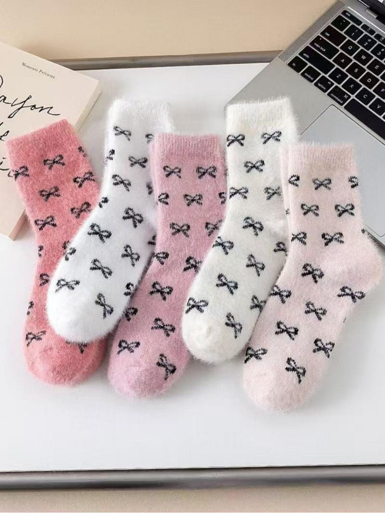 Women's Winter Socks Set, 5 Pairs Faux Fur Butterfly Knot Design, Cute Sweet Mid-Calf Sleepwear Warm Thickened Soft Comfy Socks for Women