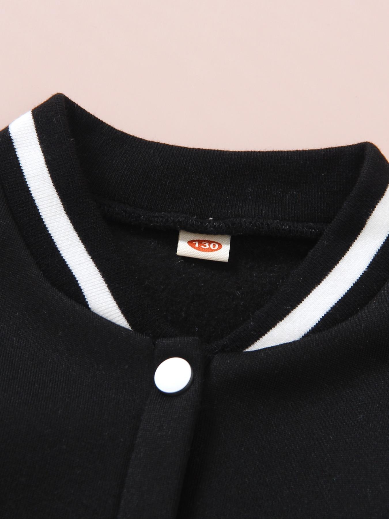 Girls' Spring & Fall Fashion Kpop Series Print Fleece Lined Jacket, Cute Letter Pattern Baseball Coat, Casual Preppy Style Outerwear, Casual Comfy Jacket