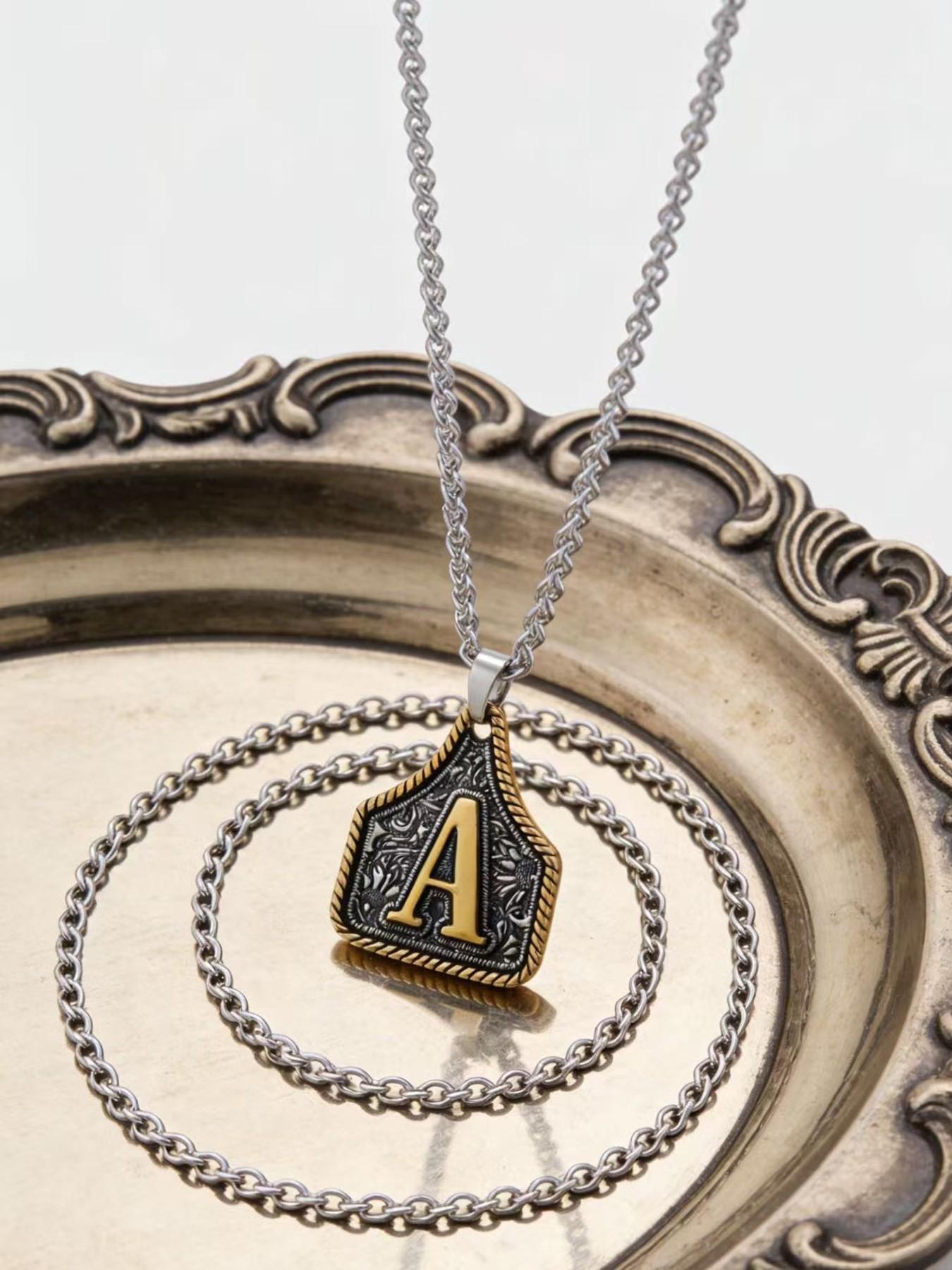 Initial Vintage Western Cowboy Letter Keychain,Handmade Metal A-Z Initial Necklace for Women and Men, Letters Necklace