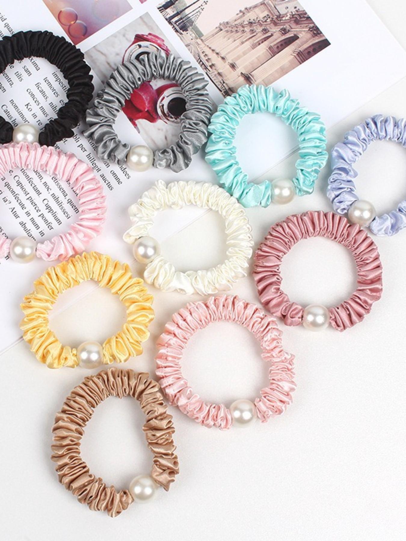 KatchMe Gift, Elegant Satin Faux Pearl Hair Tie (Surprise Color) 1 Piece, Elastic Hair Band for Women, Gentle on Hair, Hair Accessories