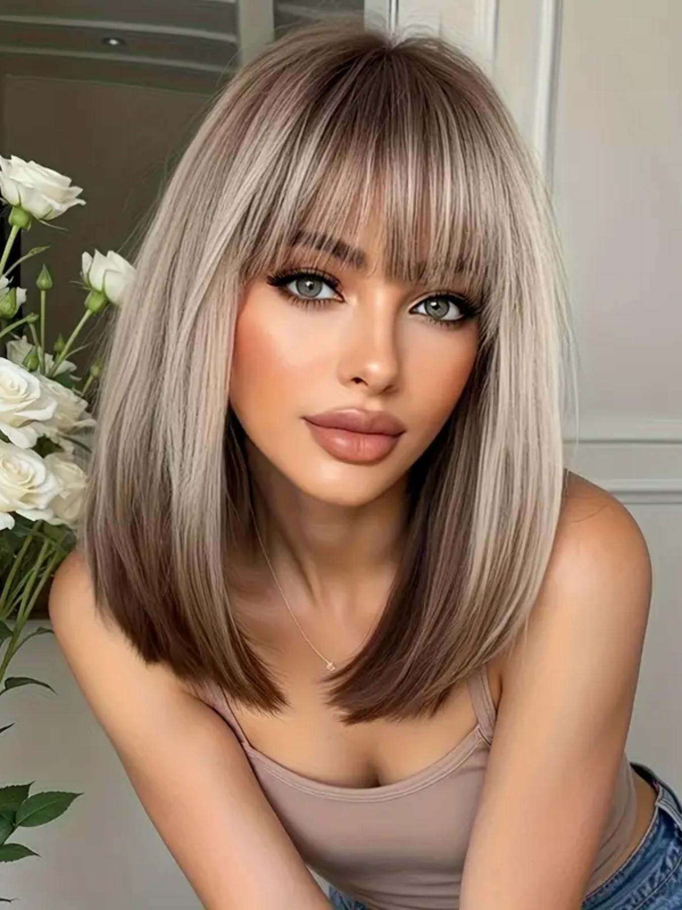 14 Inch Gradient Wig with Bangs, Shoulder-Length Straight Hair, Heat Resistant Rose Net, Natural Soft Breathable Fabric, Synthetic Material Wigs