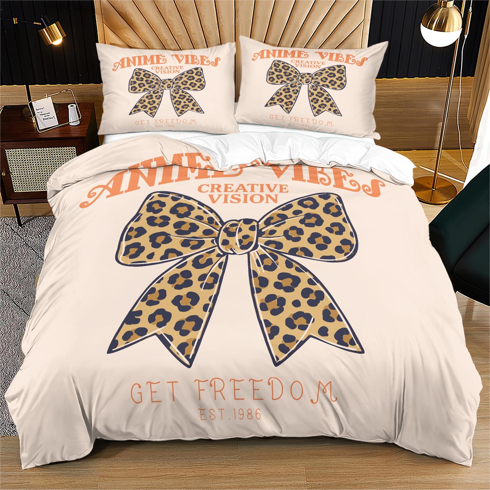 Leopard bow pattern duvet cover set, soft and durable bedding set, contains 1 duvet cover and 1 or 2 pillowcases, daily holiday birthday gift bedroom decoration for children and adults