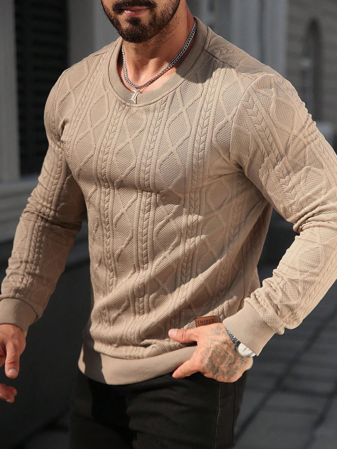 2026 Trendy Men's Beige Cable Knit Diamond Pattern Sweatshirt Long Sleeves | Slim-Fit Stylish Casual Pullover for Daily & Street Wear