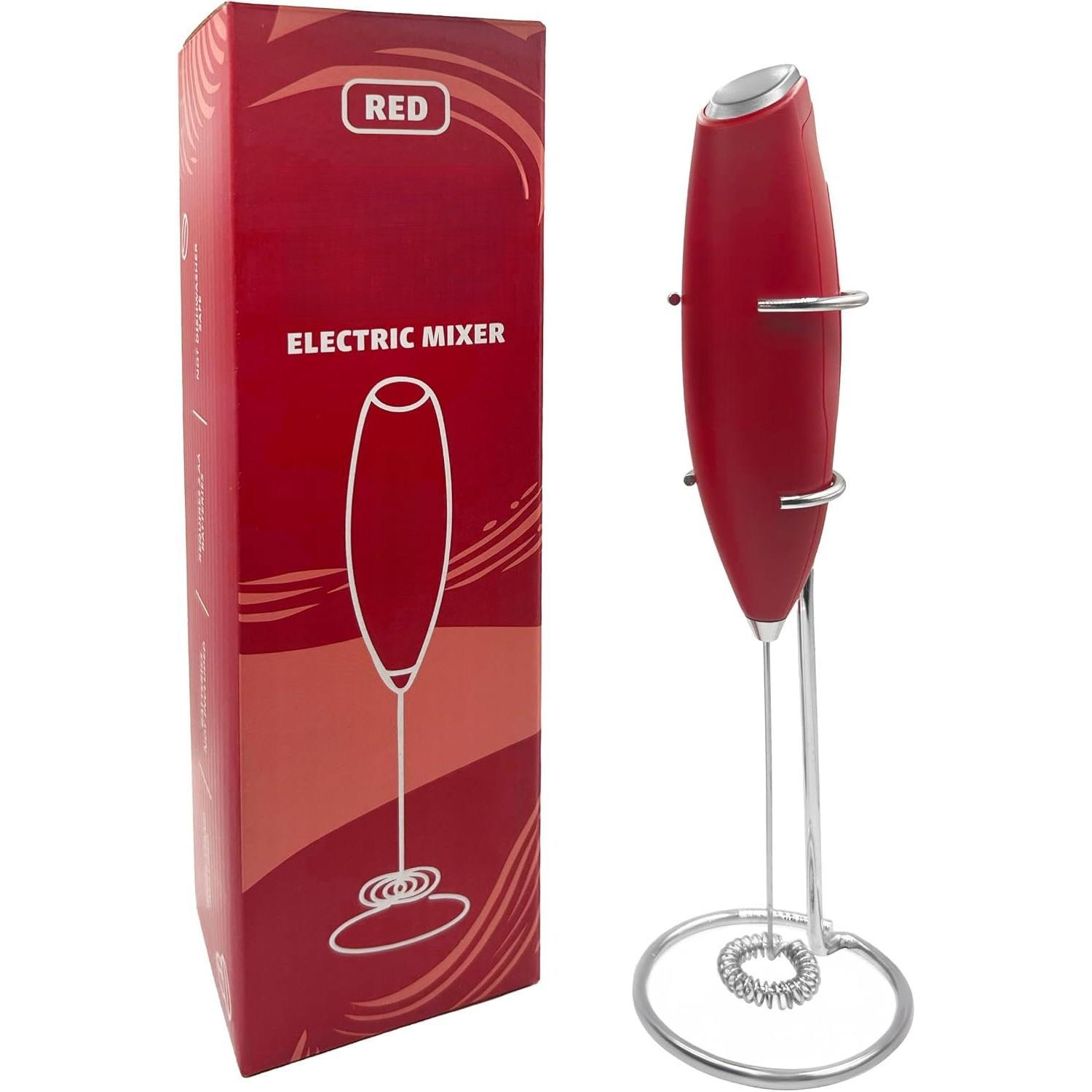 Electric Milk Frother for Matcha and Coffee, Handheld  Operated Drink Mixer with Stand, Stainless Steel Whisk, Red