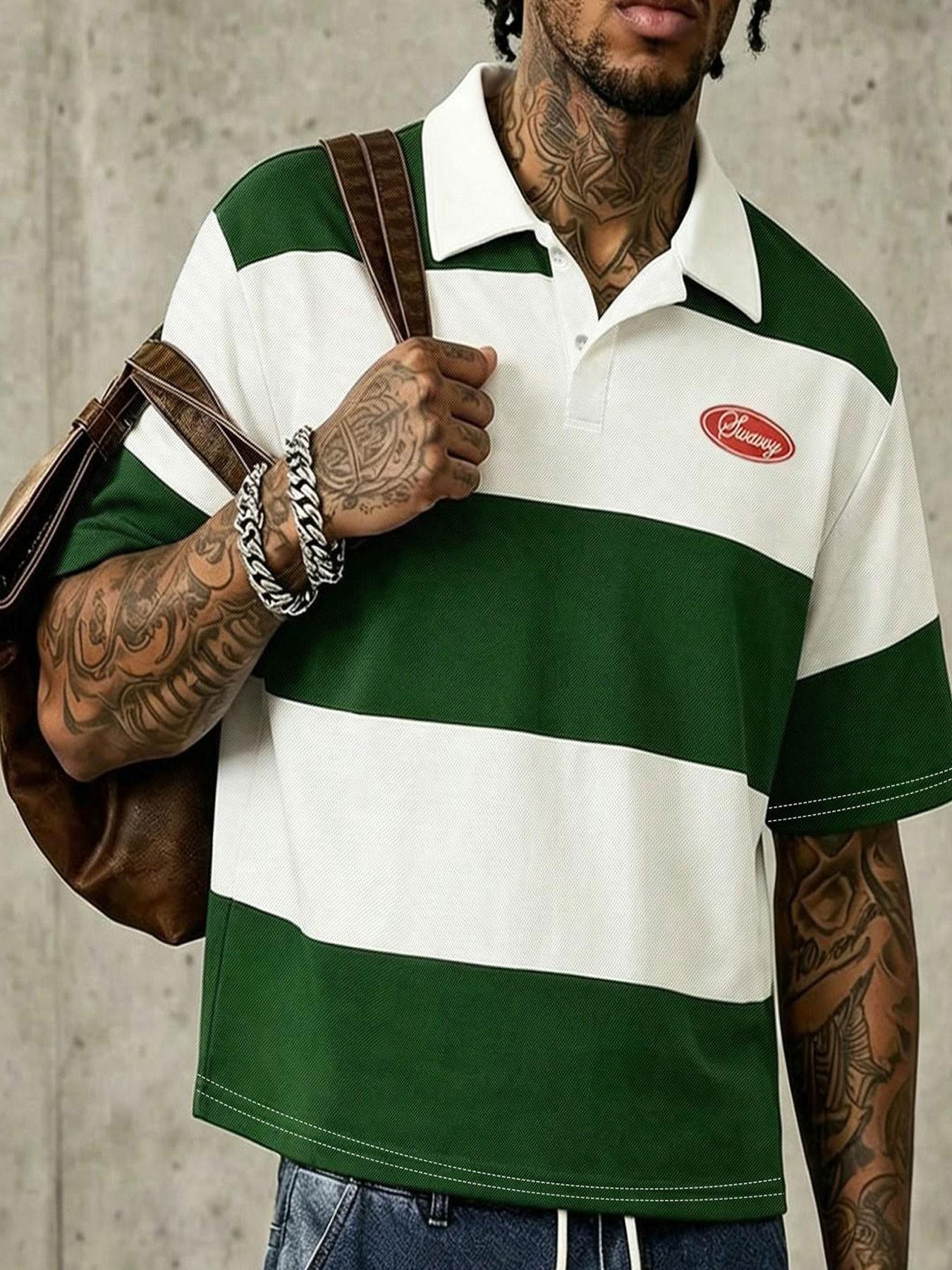 Men's American-Style Wide-Striped Collared Polo Shirts, Summer Short Loose-Fit Top, Casual Collar Streetwear