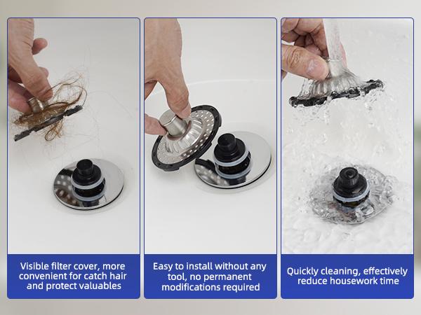 Anylock Universal Bathtub Drain Stopper Shower Drain Hair Catcher, Tub Stopper with Visible Top Strainer, Upgraded 3 in 1 Pop-up Drain Plug Fit for 1.5 to 2.4" Hole, Stainless Steel Filter Basket, Chrome