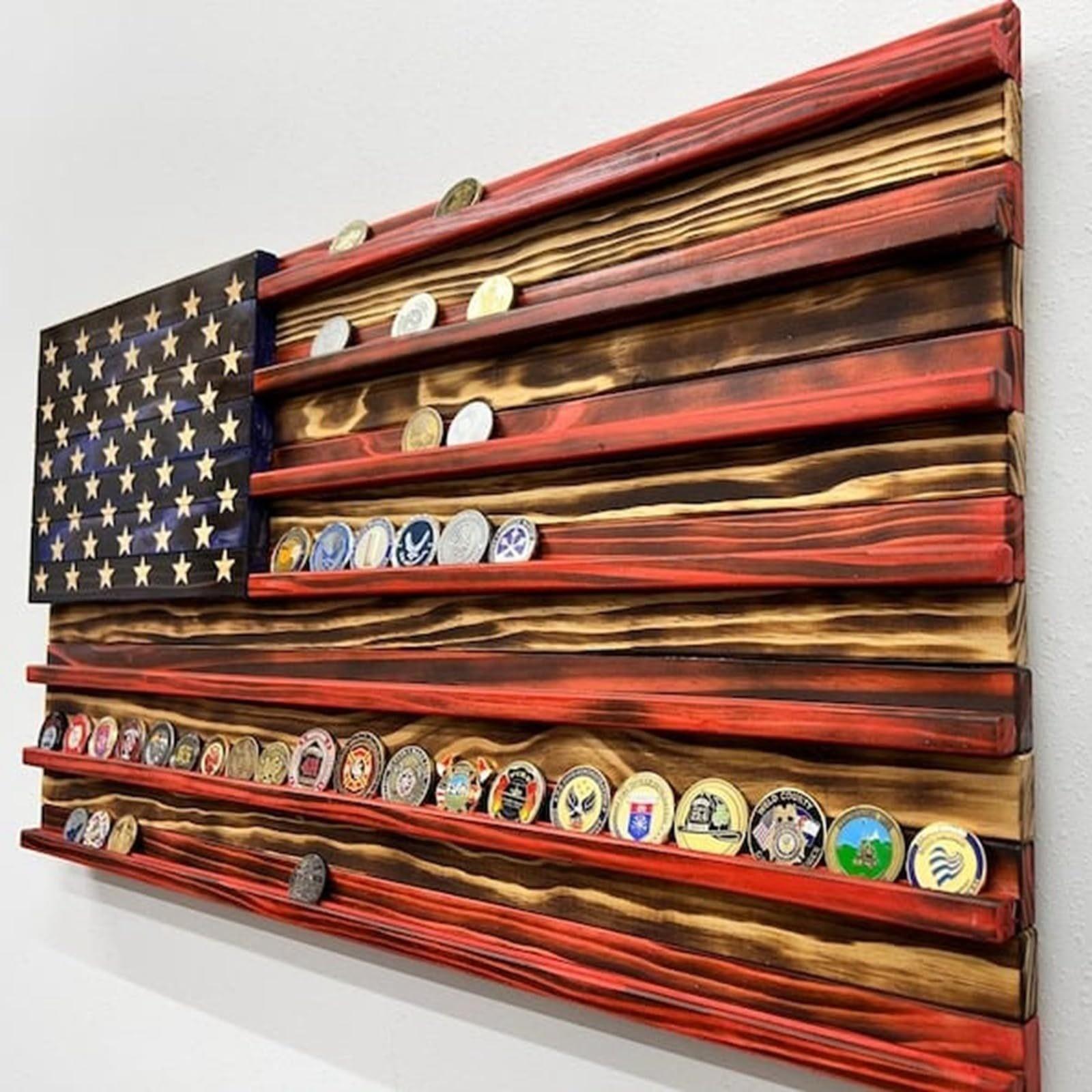 Unique Handcrafted Wooden American Flag Challenge Coin Display, Perfect for Firefighters, Police, and Military Enthusiasts