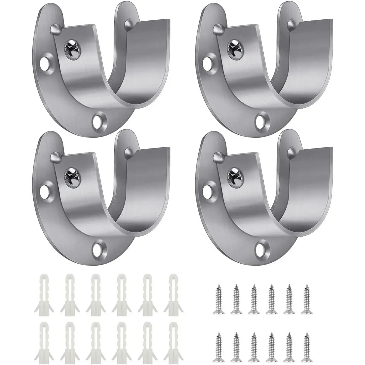 4 Packs Stainless Steel U-Shaped Wardrobe Rod Socket Flange | 1-1/4 Diameter Heavy Duty Closet Rod Brackets End Supports with Screws, Silver