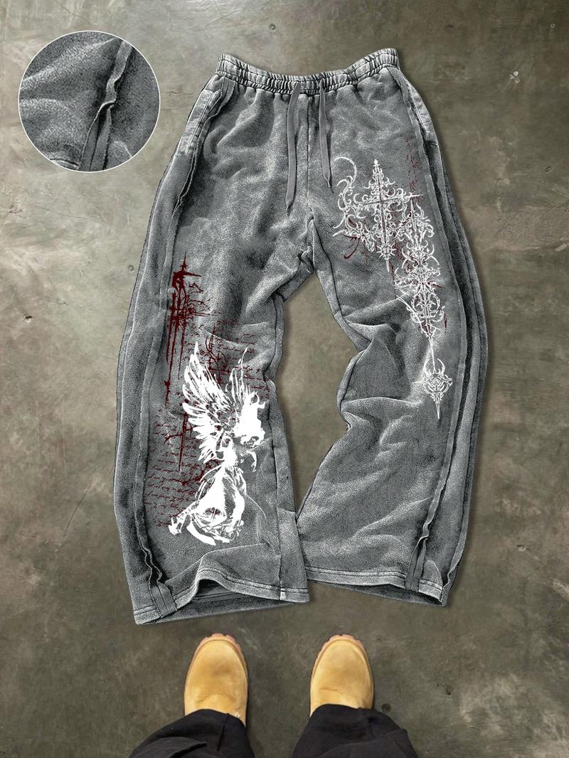Men's Washed Cotton Sweatpants with Side Stitching, Gothic Pattern, Comfortable Casual Pants for Daily Wear
