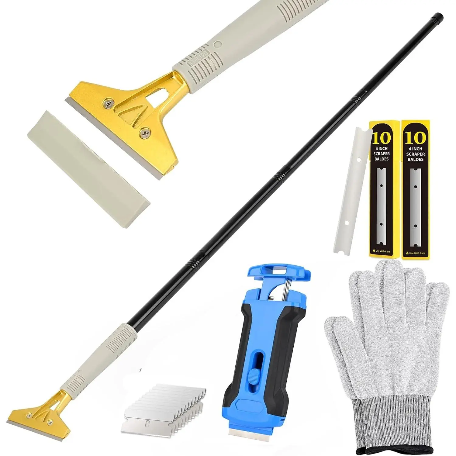 15"-58" Long Handle Adjustable 4" Razor Blade Scraper Tool for Cleaning Floors, Walls, Concrete, Vinyl, Tile, Wallpaper, Cooktop