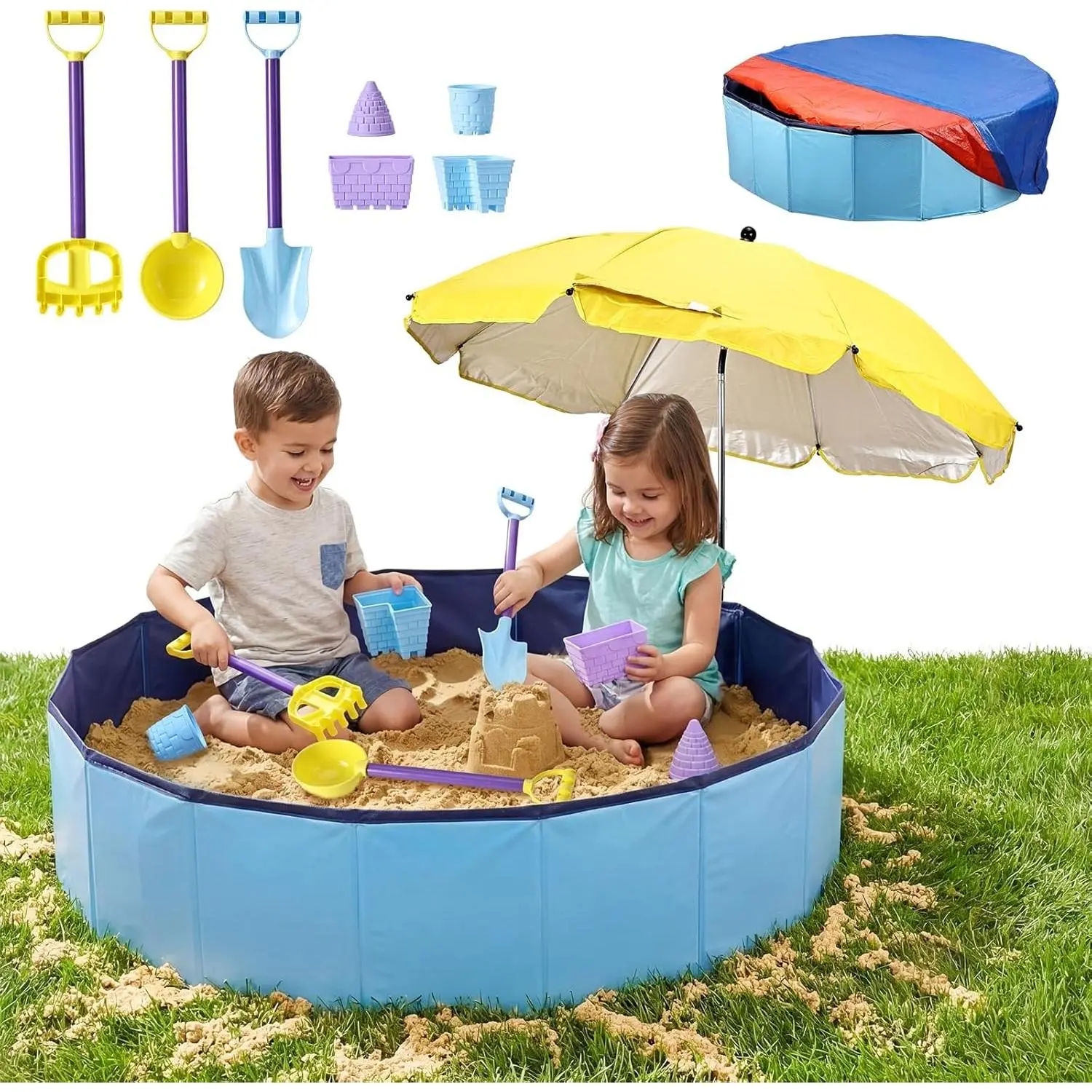 Large 39Inch Portable Sand Box Set with Lid Cover & Umbrella, 7Pcs Sand Toys Included for Kids Toddlers, Big Sandpit for Outdoor Indoor Backyard Patio Beach, Suitable for Kids and Dogs, Holds up to 200lbs Sand