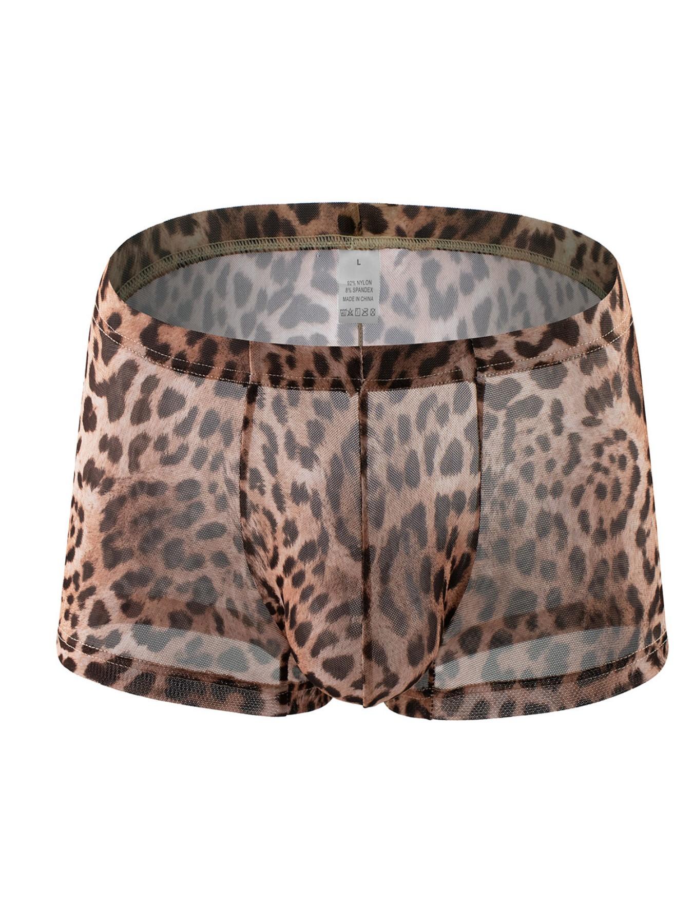 Men's Leopard Print Mesh Boxer Briefs Breathable Slim Fit Fashion Underwear