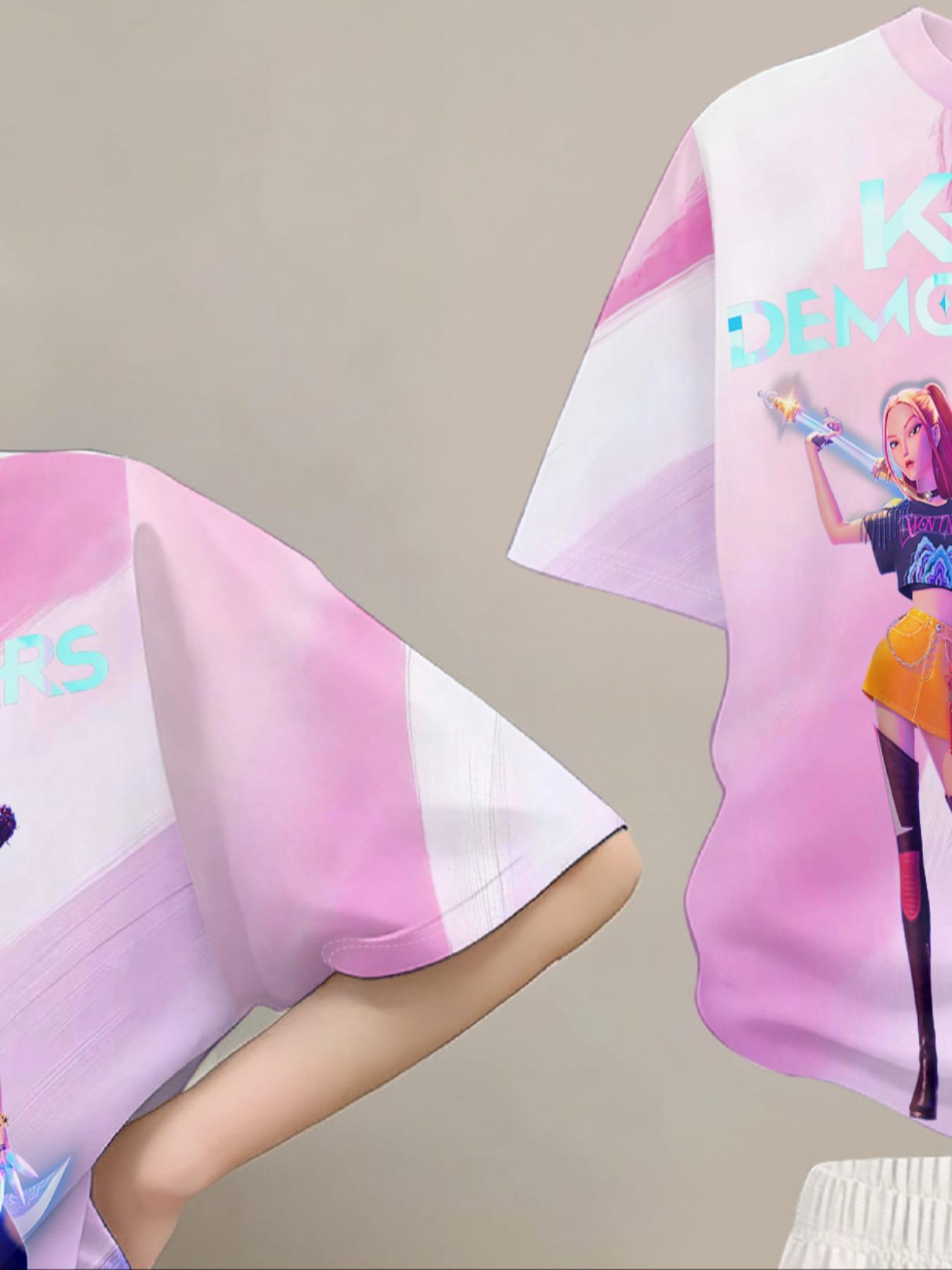 Girls' Gradient Tie-Dye Set, Anime Character Printed Short Sleeve Top & Bell-Bottom Pants Two-Piece, Casual All Seasons Wear