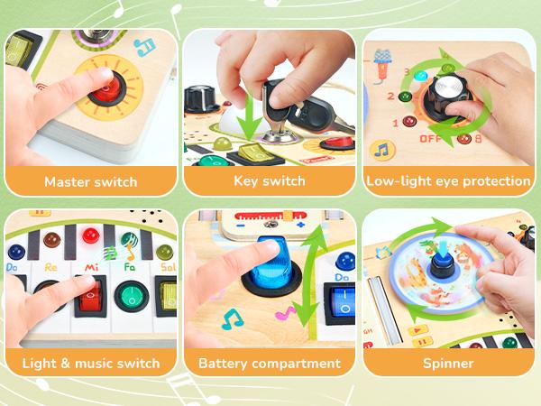 JoyCat Busy Board with Led Light, Montessori Toys for Boys and Girls, Wooden Sensory Toys with Music, Light Switch Board, Travel Toys, Birthday Gifts