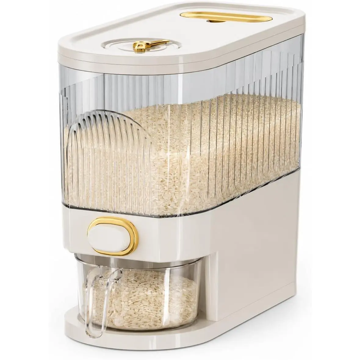 11-Lb Rectangular Transparent Plastic High-Capacity Kitchen Rice Bin - Sealed Moisture-Proof Grain Storage Container with Lid, Time Scale, Measuring Cup for Rice, Corn