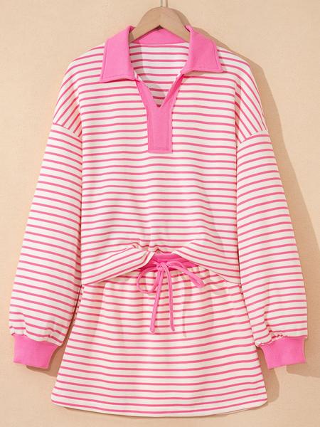 Women's Fashion Casual Striped Knit Top & Drawstring Waist Skirt Set, Loose Fit Home Wear, Comfortable Two-Piece