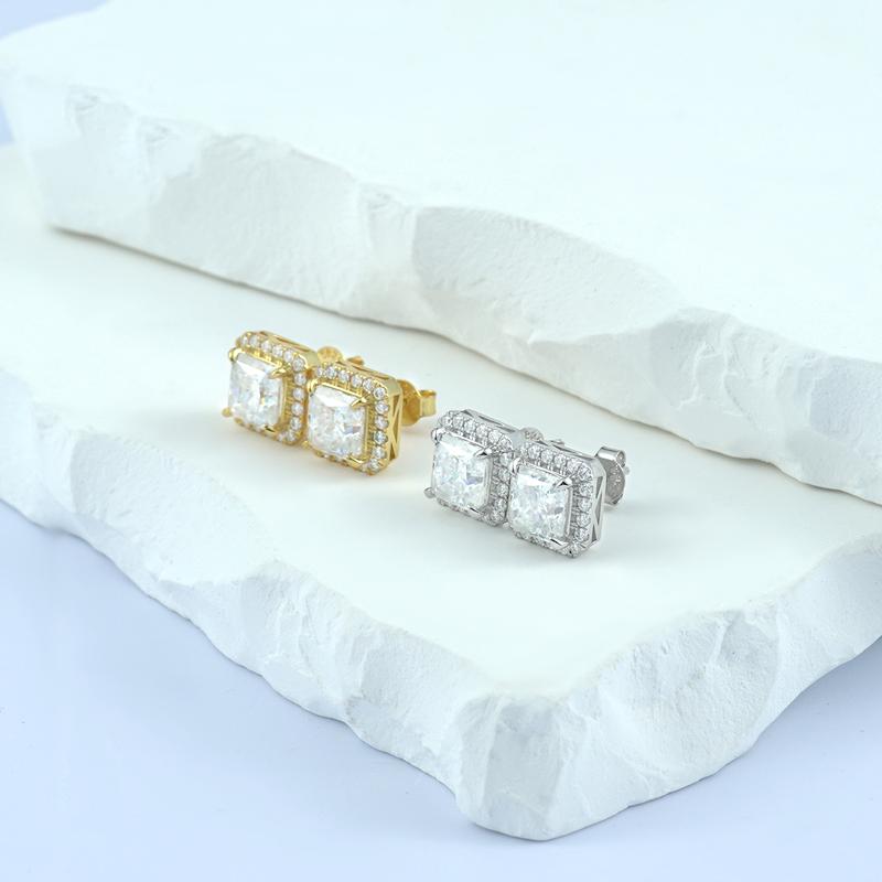 Delzzad S925 Radiant Cut VVS Synthetic Moissanite Stud Earrings Daily Costume Jewelry Accessories Perfect Birthday Anniversary Gift for Women Wedding Set
