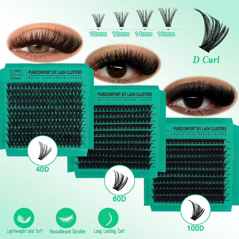 LASHSUN CHRISTMAS GIFT KIT, D Curl Mixed Length DIY Lash Clusters Kit DIY Eyelash Extensions Multi-Type Lash Volume & 3D Effect Eyelash Clusters with Lash Bond and Seal Lash Remover Lash Brush Headband Wristband Eyelash Set