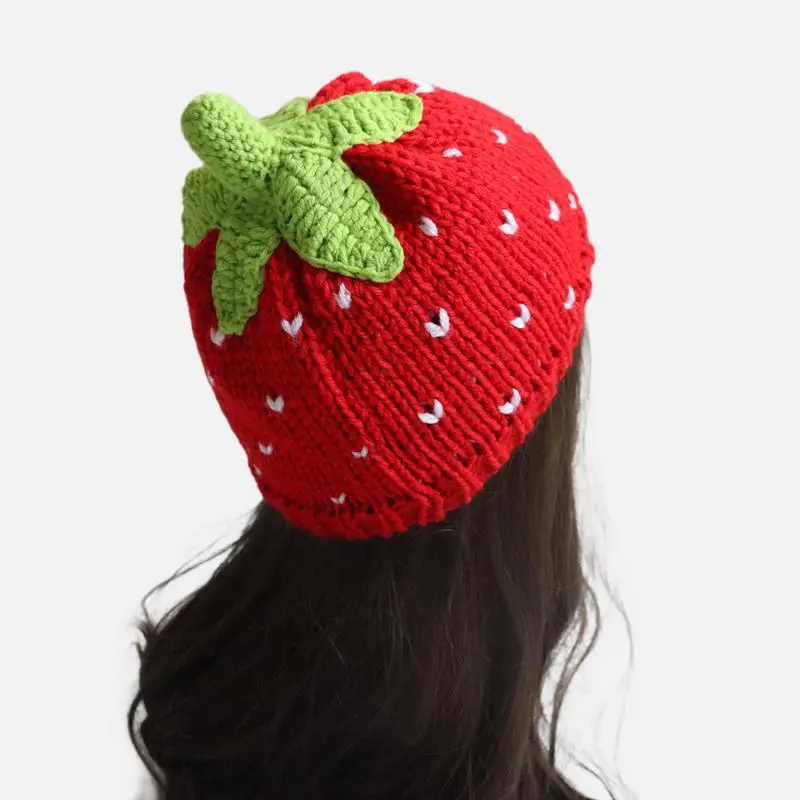 Adorable Hand‑Crochet Strawberry Beanie Hat, Lightweight Fruit‑Shaped Knitted Hat, Soft Warm Casual Cap, Parent‑Kid Matching Headwear for Women Girls Daily Outdoor Party