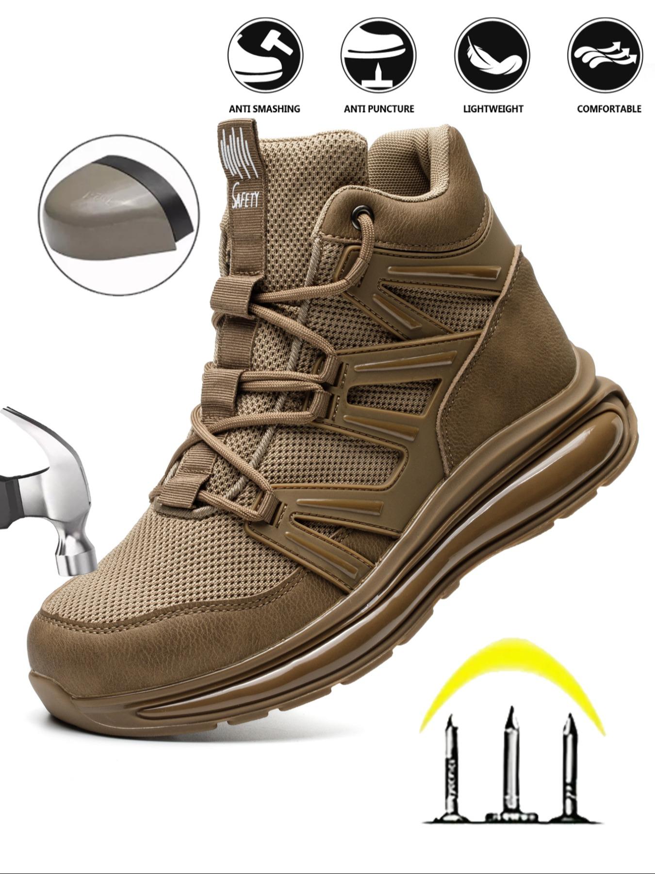 Men's Letter Pattern Steel Toe Slip Resistant Puncture Proof Construction Safety Work Shoes As Gift, Lightweight Breathable Anti-slip Work Shoes Steel Toe Sneakers