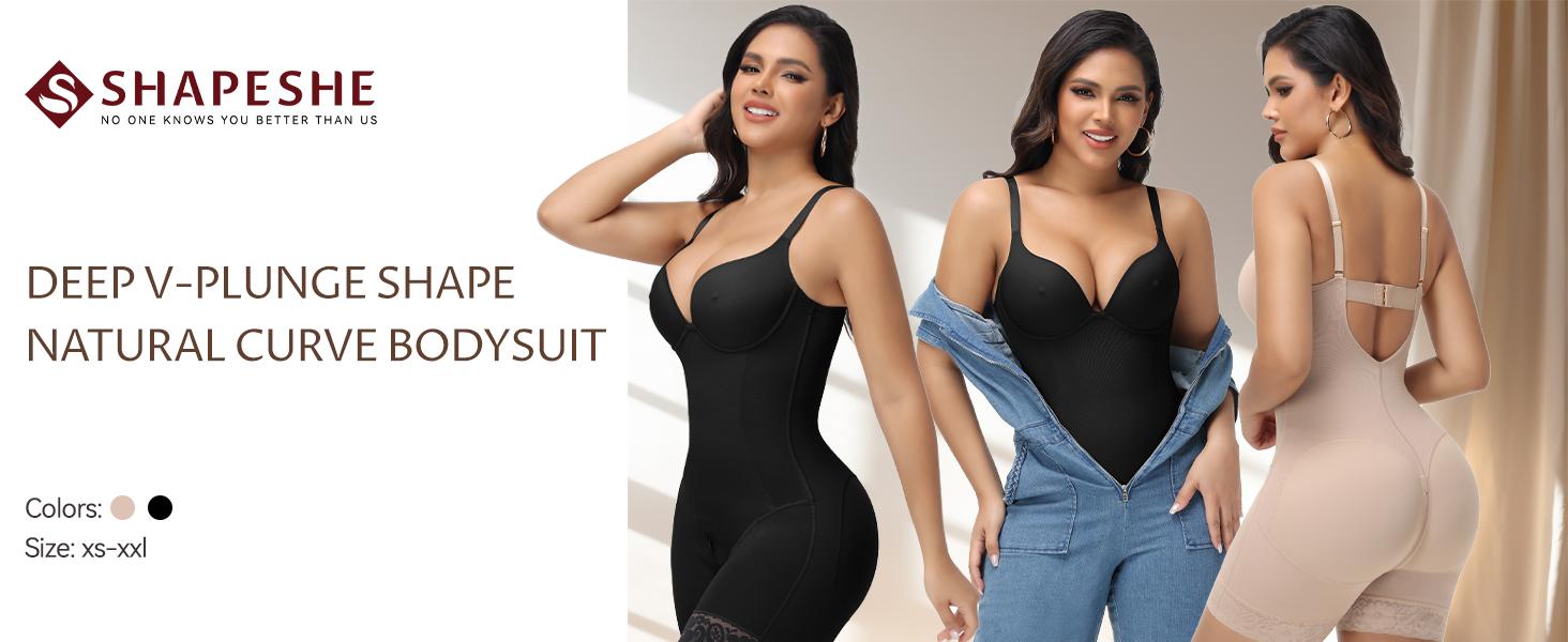 SHAPESHE Low Back Deep V-Plunge Shape Natural Curve Shapewear Bodysuit for Women Underwear